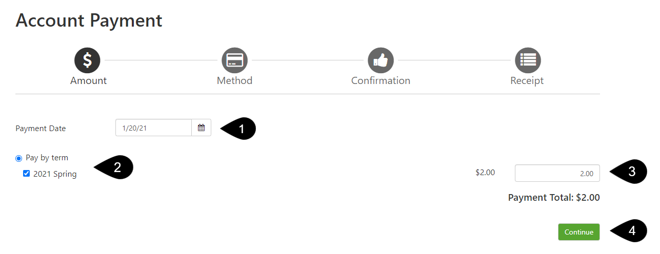 Screenshot of Account Payment process: 1) Set Payment Date, 2) Pay by term, 3) Enter amount, and 4) Click Continue.