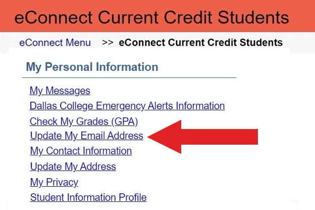 Screenshot of the eConnect Current Credit Students Menu with Update My Email Address highlighted.