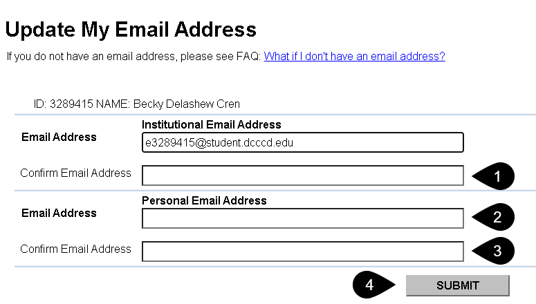 Screenshot of Update My Email Address process ordered: 1) Confirm Institutional email address 2) Enter email personal address 3) Reenter personal email address and 4) Click Submit.