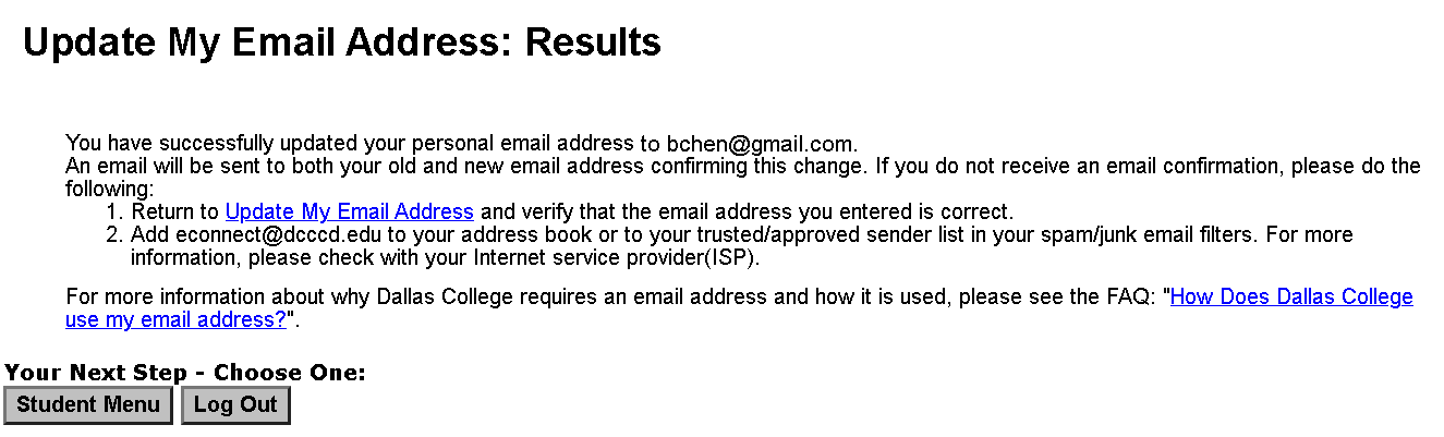 Screenshot of the Update My Email Address Results showing you have successfully updated your email address