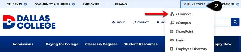 Screenshot of the Dallas College homepage with the Online Tools menu expanded. eConnect is highlighted on the tool menu.