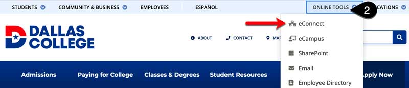 Screenshot of the Dallas College homepage with the Online Tools menu expanded. eConnect is highlighted on the tool menu.