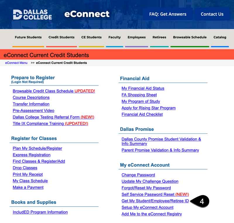Screenshot of the Current Credit Students Menu on eConnect. The Get My Student/Employee/Retiree ID link is highlighted.