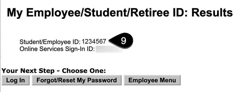 Screenshot of the My Employee/Student/Retiree ID results page. The Student/Employee ID is highlighted.