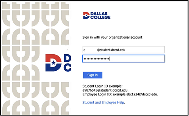 Dallas College MS Office 365 Sign in window: organizational account and password fields, Sign in button