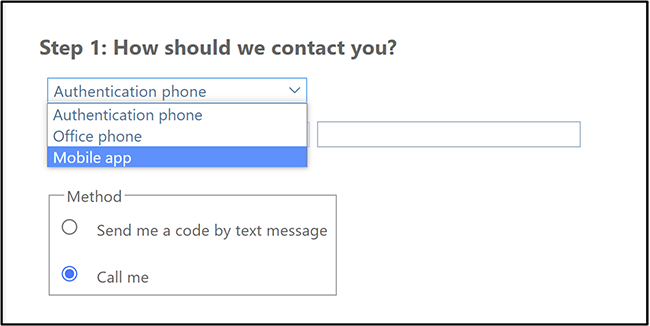 Closeup: How should we contact you? Drop down menu with Mobile app highlighted for selection.