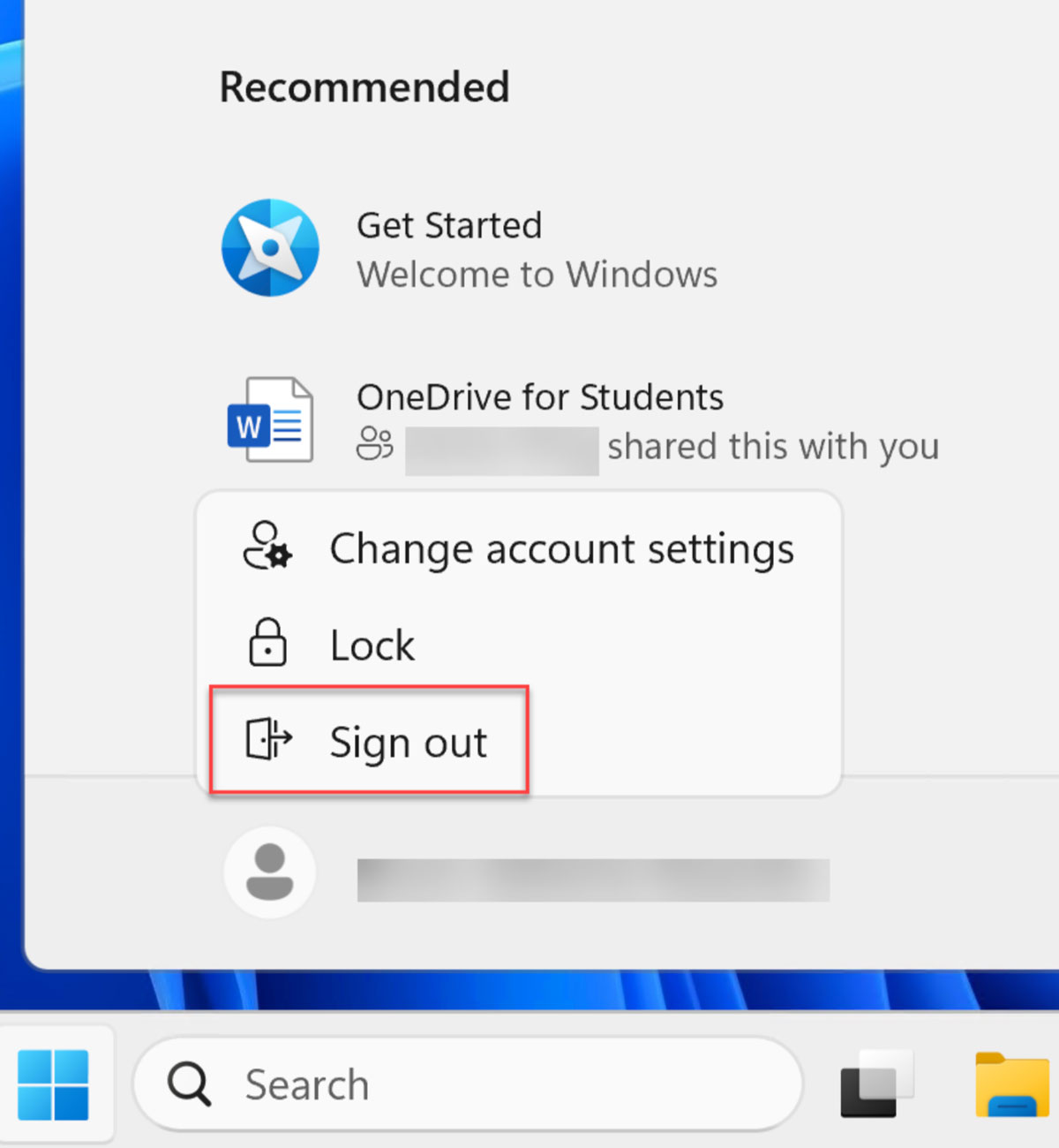 An image of sign out page of Dallas College Virtual Desktop. The Sign out button is highlighted at the bottom of the list, Recommended. The list begins with Get Started-Welcome to Windows, OneDrive for Students-shared this with you, Change account settings, Lock and Sign out.