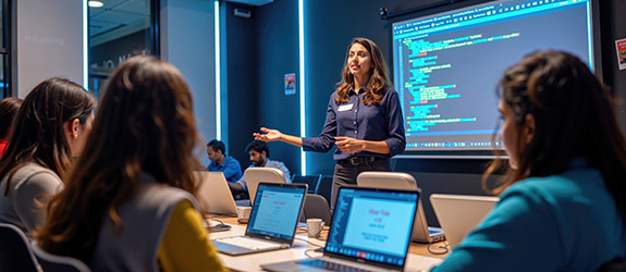 female professional standing and speaking to a class