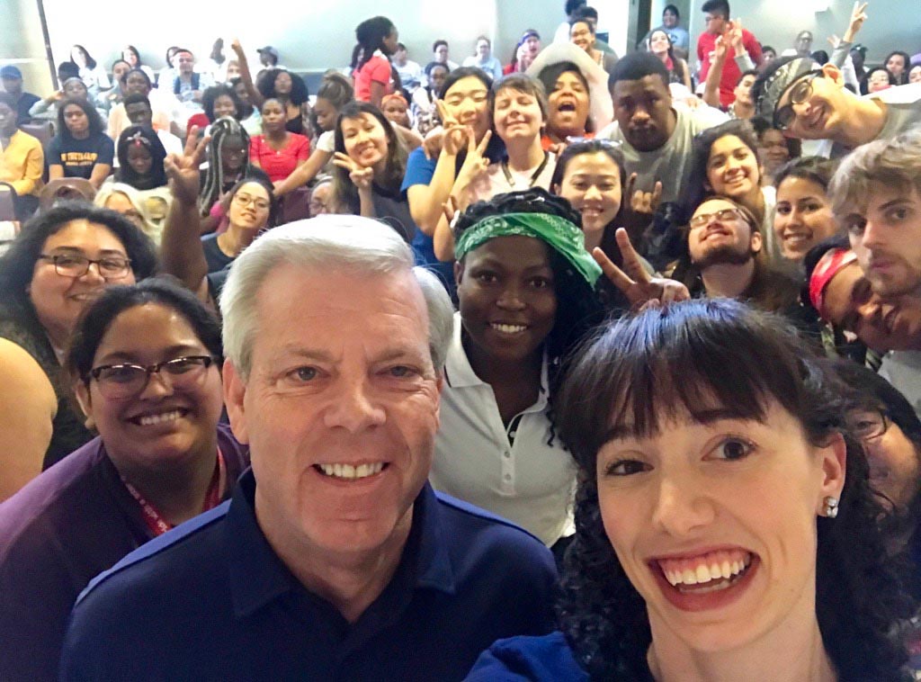 Student leadership gathering selfie with Chancellor May