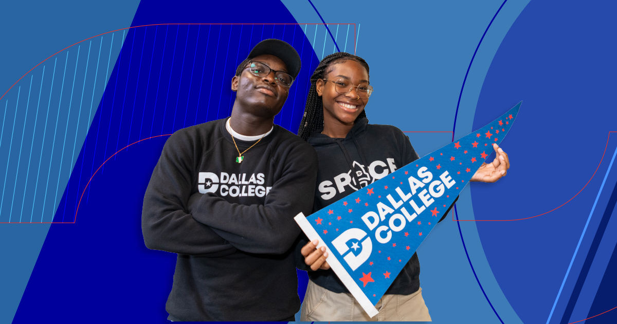 two students smiling and holding Dallas College flags