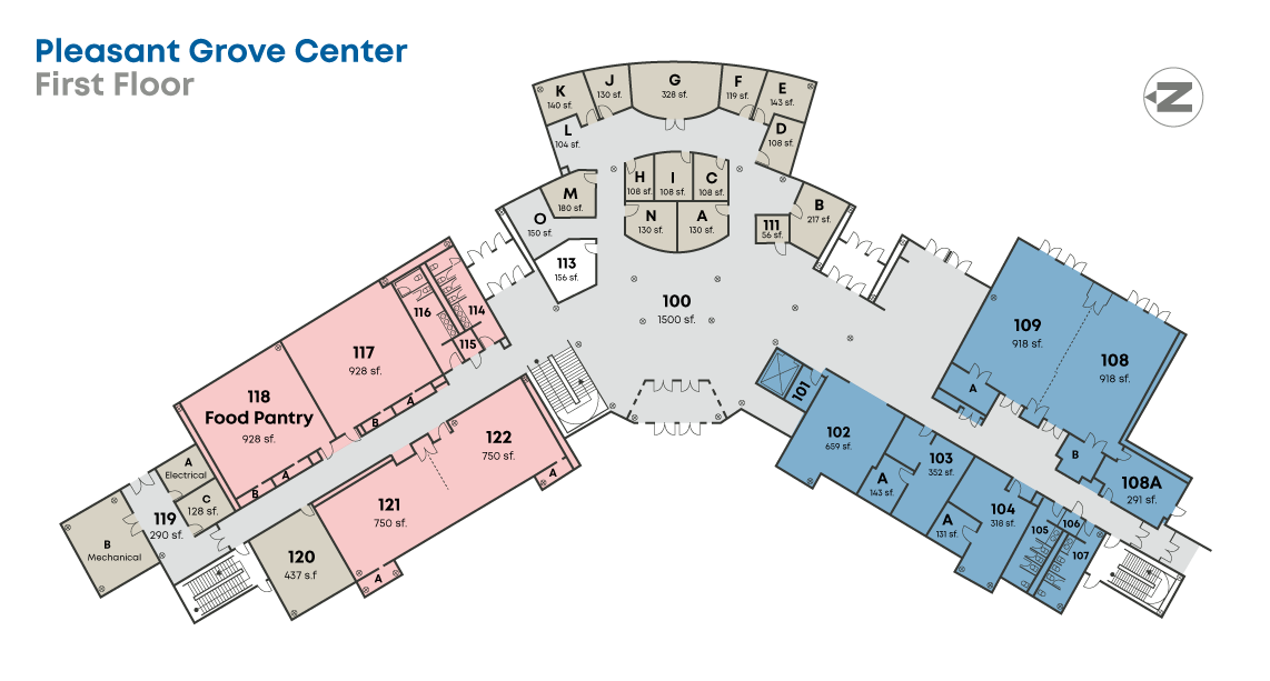 A map of Dallas College Pleasant Grove campus first floor. Map details are below.