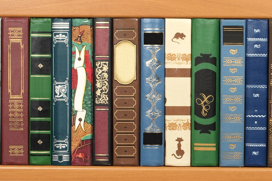 Row of eleven ornate hardcover books with colorful, patterned spines on a wooden shelf, featuring gold embossing and animal illustrations.