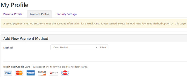 payment profile sceen under my profile. field to add a new payment method. visa, mastercard, american express, discover, DC card and dinacard accepted.