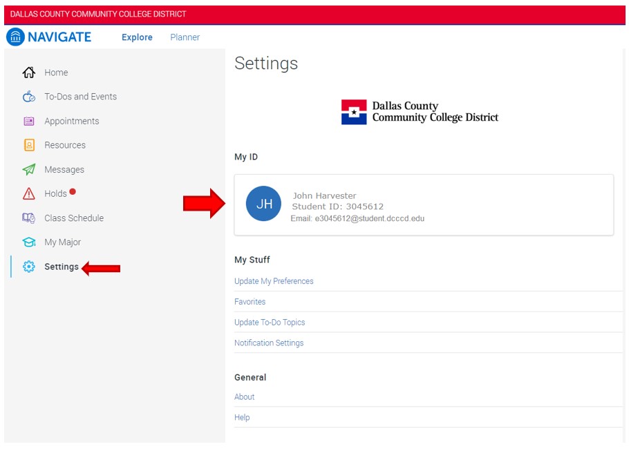 From the Navigate links, select Settings to access the settings options. Notice the student name, student identification number and official email appear above the setting options.