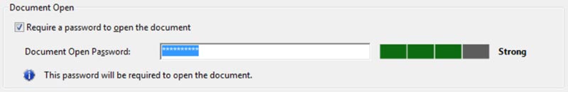 Document Open Dialog Box. Select Require a Password to Open the Document